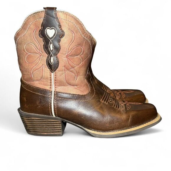 Justin Women’s Western Cowboy Boots Size 8B Brown Leather Heart Inlay Square Toe - Picture 3 of 7
